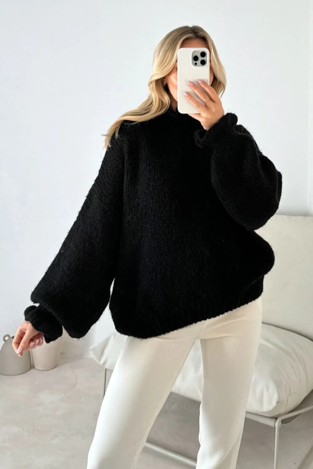 Claudia black knit frill trim jumper