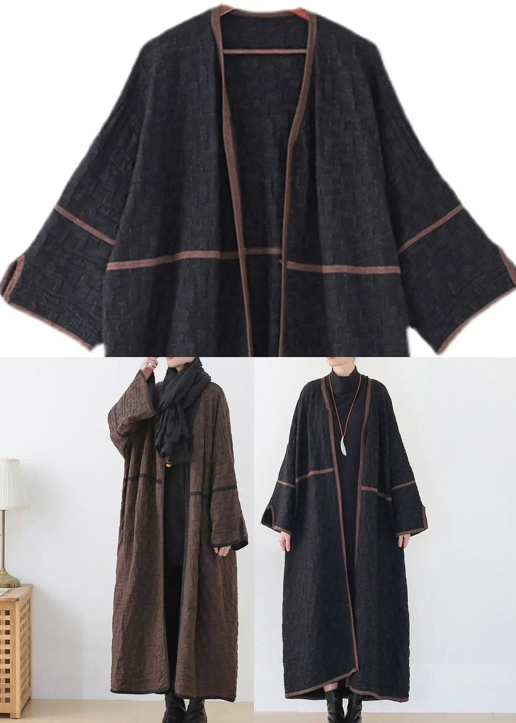 Coffee Colour V Neck Patchwork Woolen Trench Coats Long Sleeve