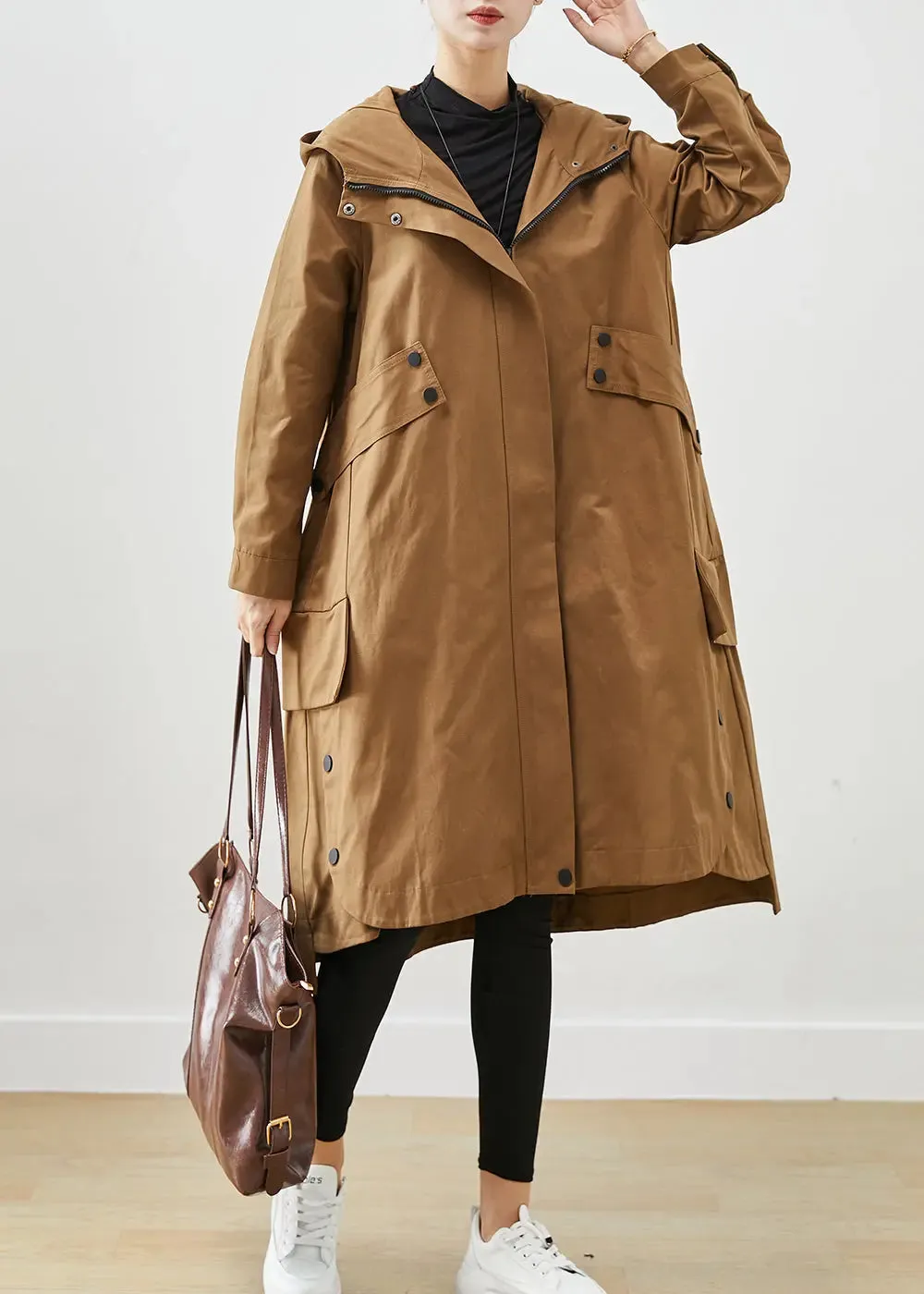 Coffee Patchwork Cotton Trench Oversized Pockets Fall ML3140