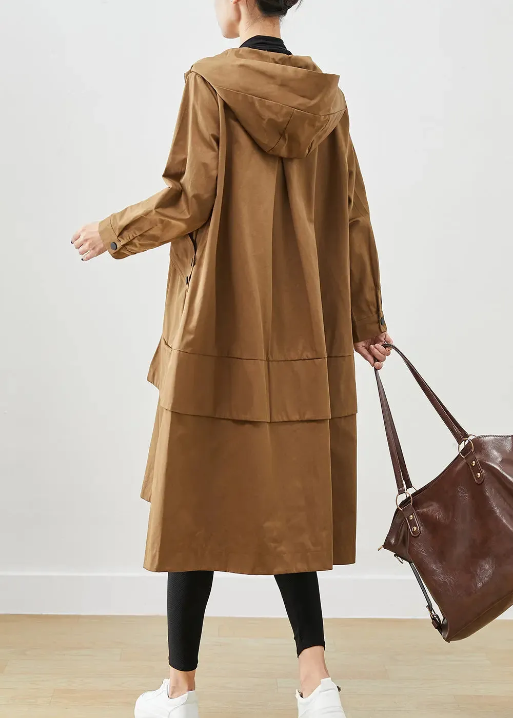 Coffee Patchwork Cotton Trench Oversized Pockets Fall ML3140