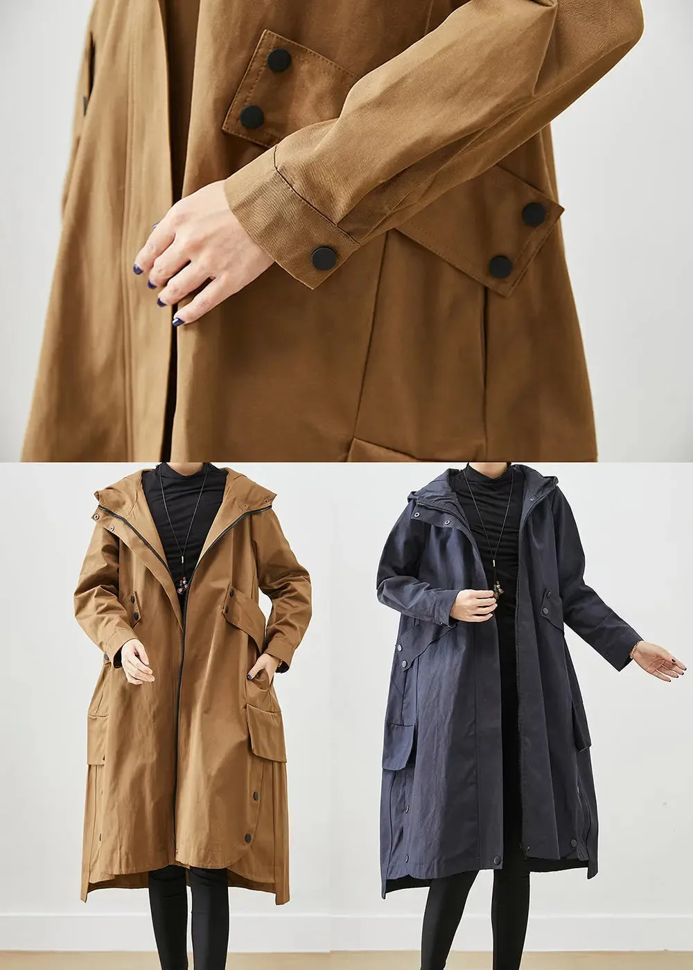 Coffee Patchwork Cotton Trench Oversized Pockets Fall ML3215