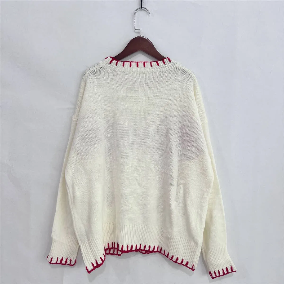 Cream Sweater with Red Bow Slouchy Sweater