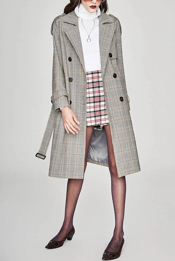 Double-breasted Plaid Long Trench Coat