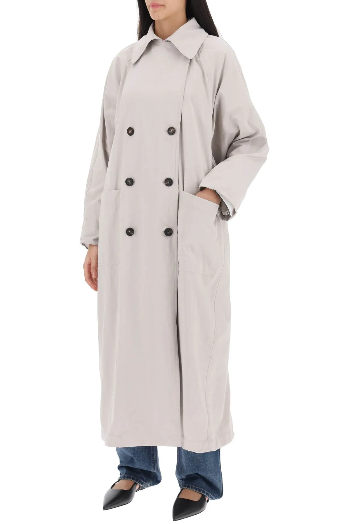 double-breasted trench coat with shiny cuff details