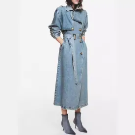 Double Breasted With Belt Denim Trench Coats