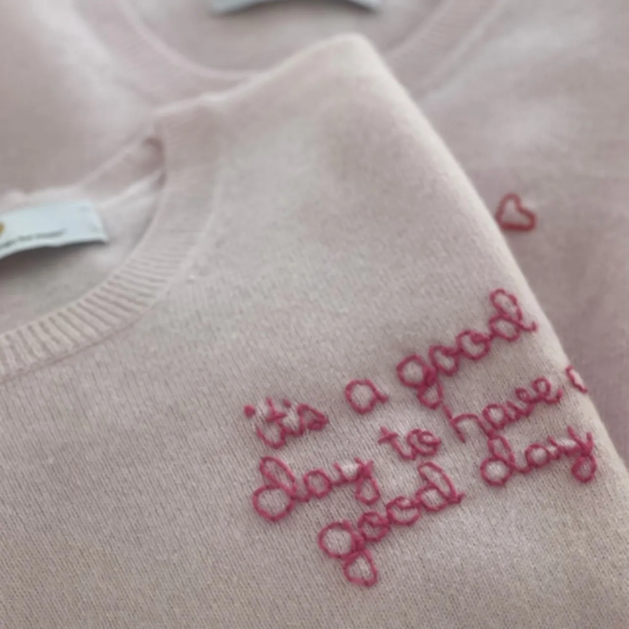 DTD Long Sleeve Cashmere Sweater with Hand Embroidered It's a Good Day to Have a Good Day