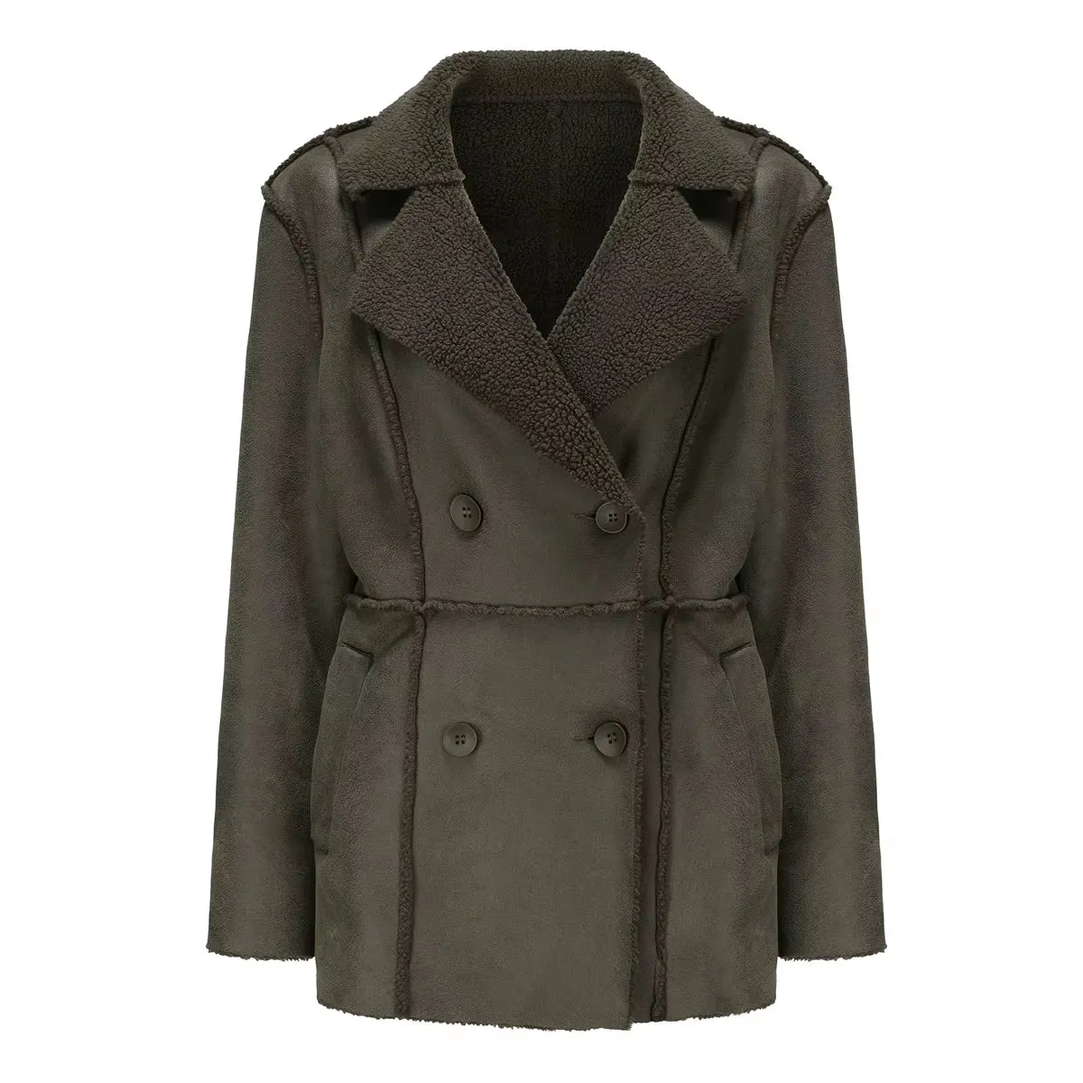 Elite Women High Quality Double Breasted Fashion Suede Trench Coat  Plush Lining Casual Wear