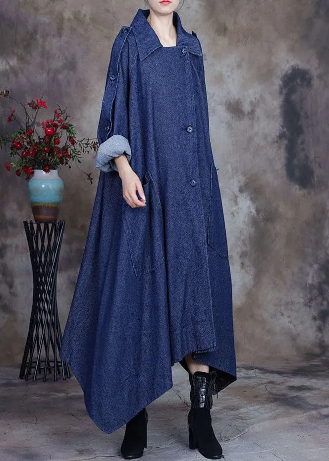 Fashion Blue asymmetrical design button Peter Pan Collar Cotton denim trench Coats Spring