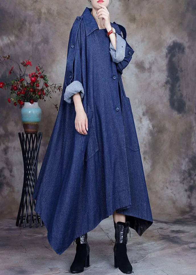 Fashion Blue asymmetrical design button Peter Pan Collar Cotton denim trench Coats Spring