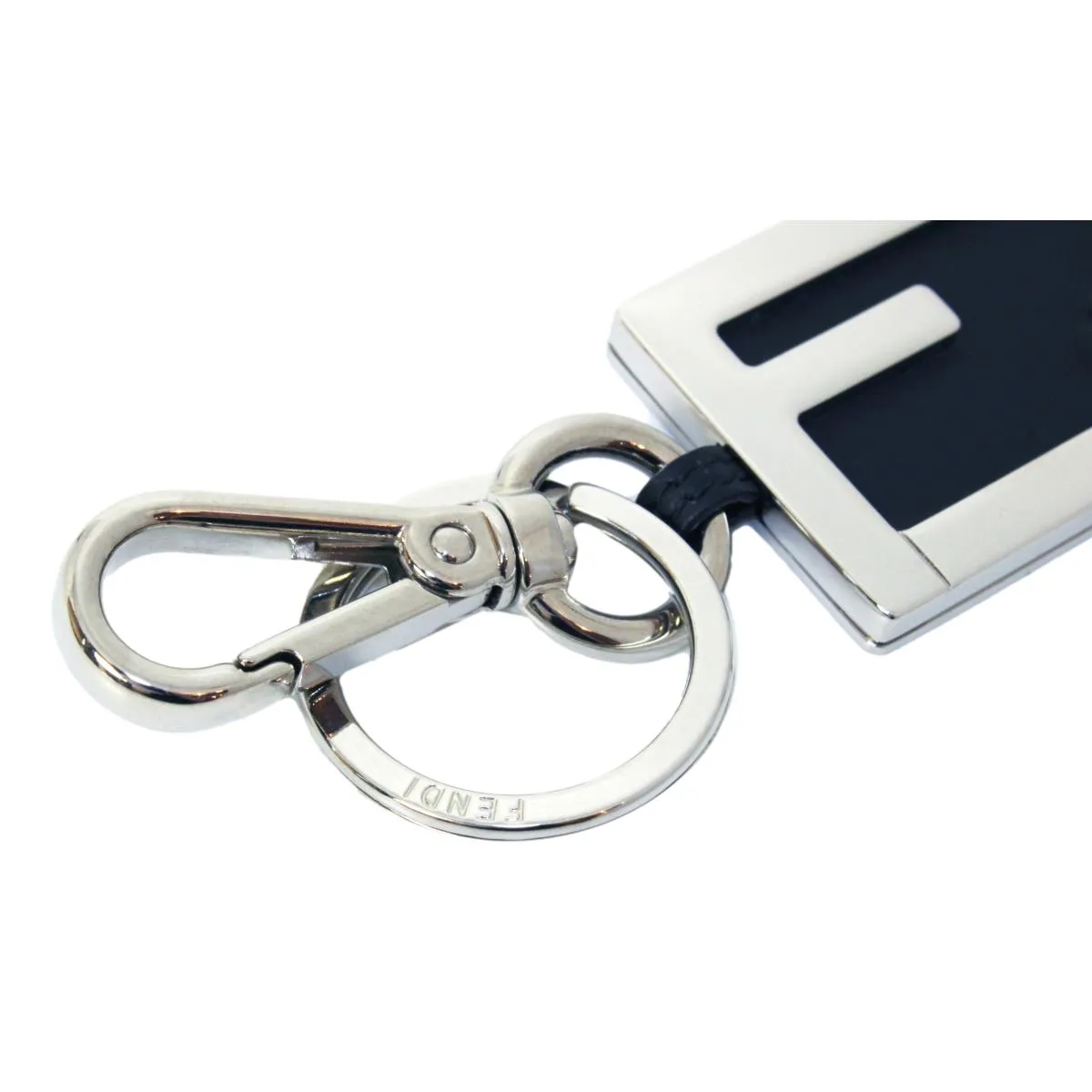 Fendi Baguette Silver Metal Black Leather Key Charm 7AP040