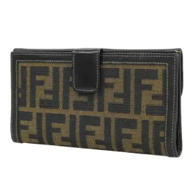 FENDI Canvas Leather Zucca Pattern Bifold Long Wallet Brown Ladies