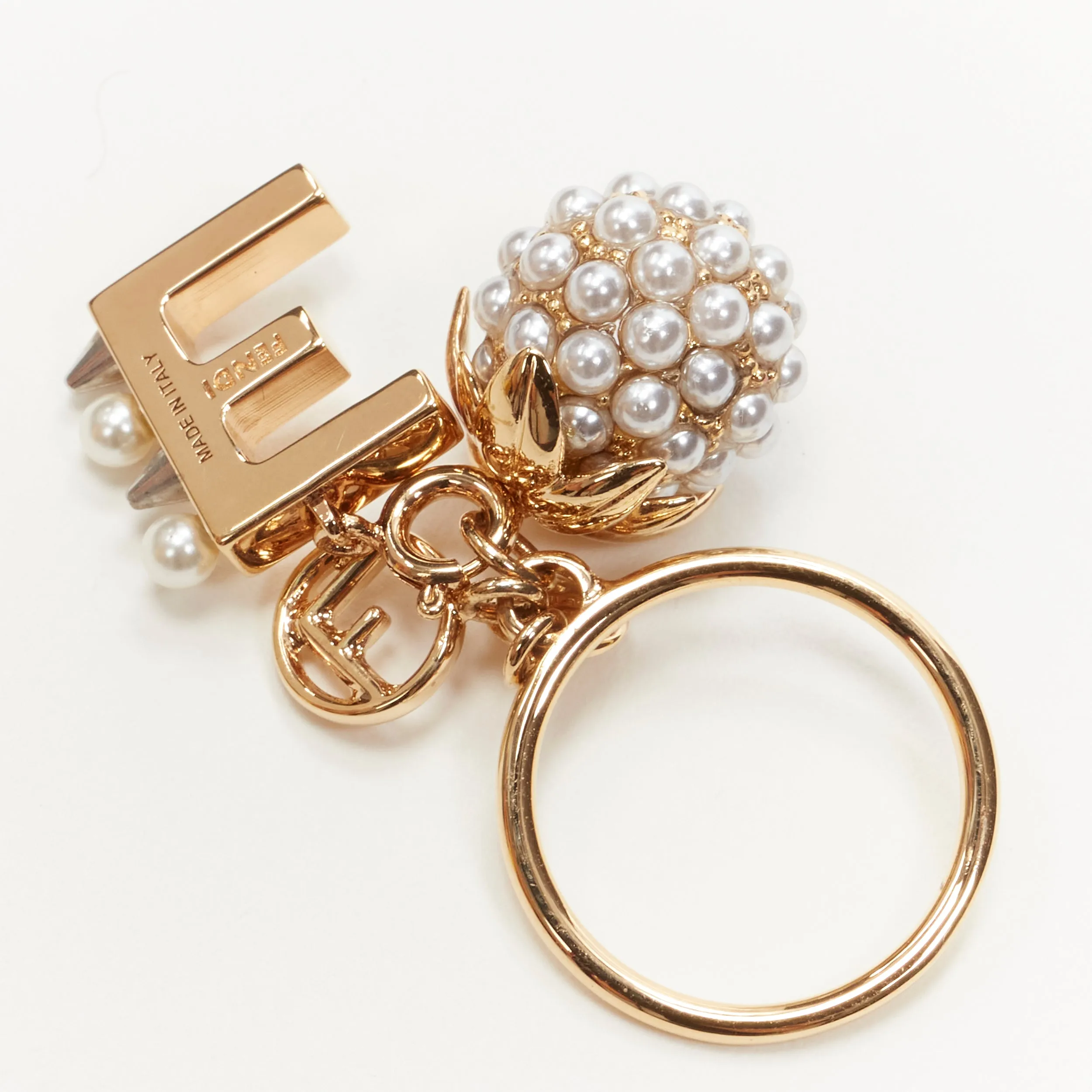 FENDI gold tone E alphabet pearl spike embellished berry charm ring