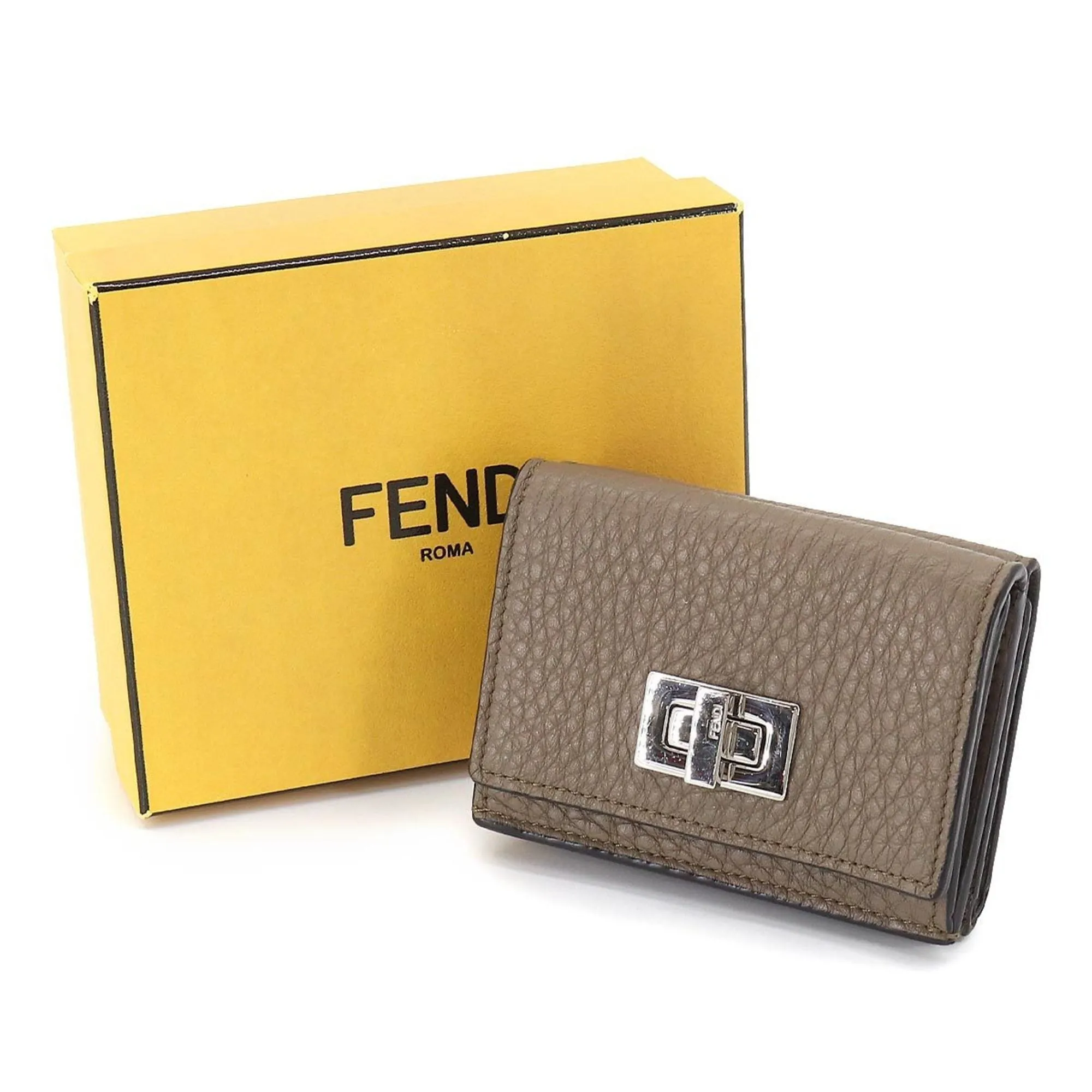 FENDI Peekaboo Trifold Wallet Leather Beige 8M0426 Silver Metal Fittings