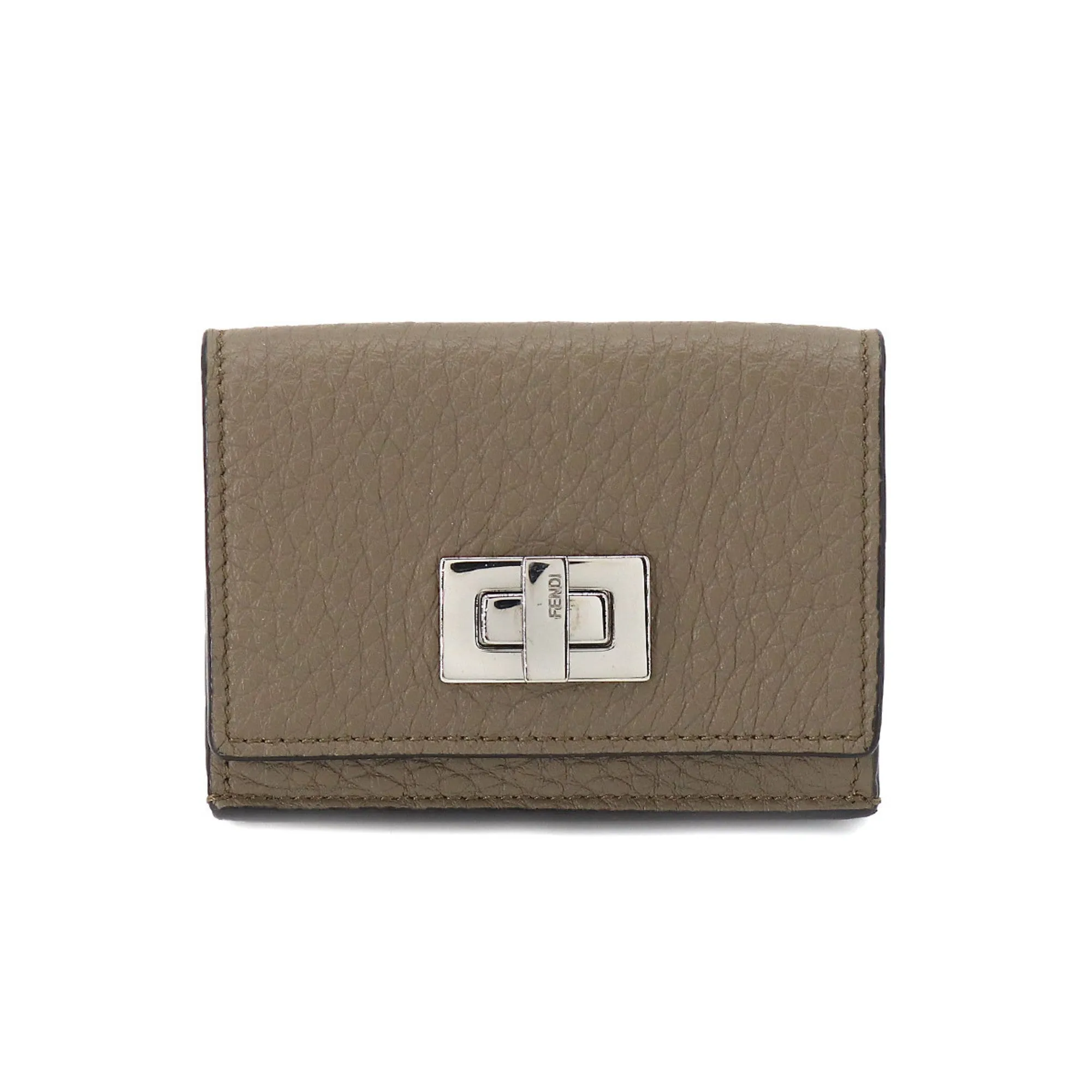 FENDI Peekaboo Trifold Wallet Leather Beige 8M0426 Silver Metal Fittings