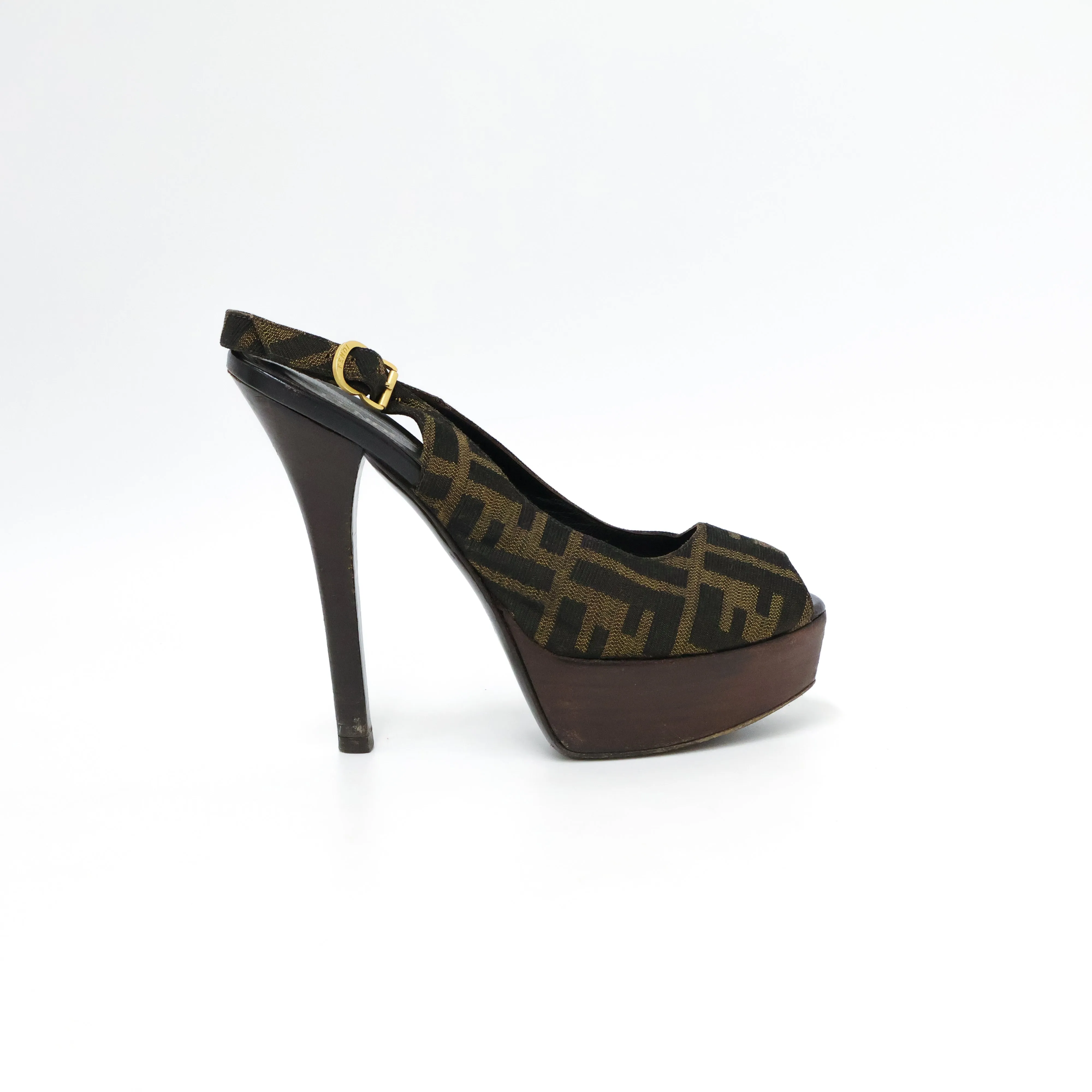 Fendi Peep Toe Slingback Zucca Brown 37