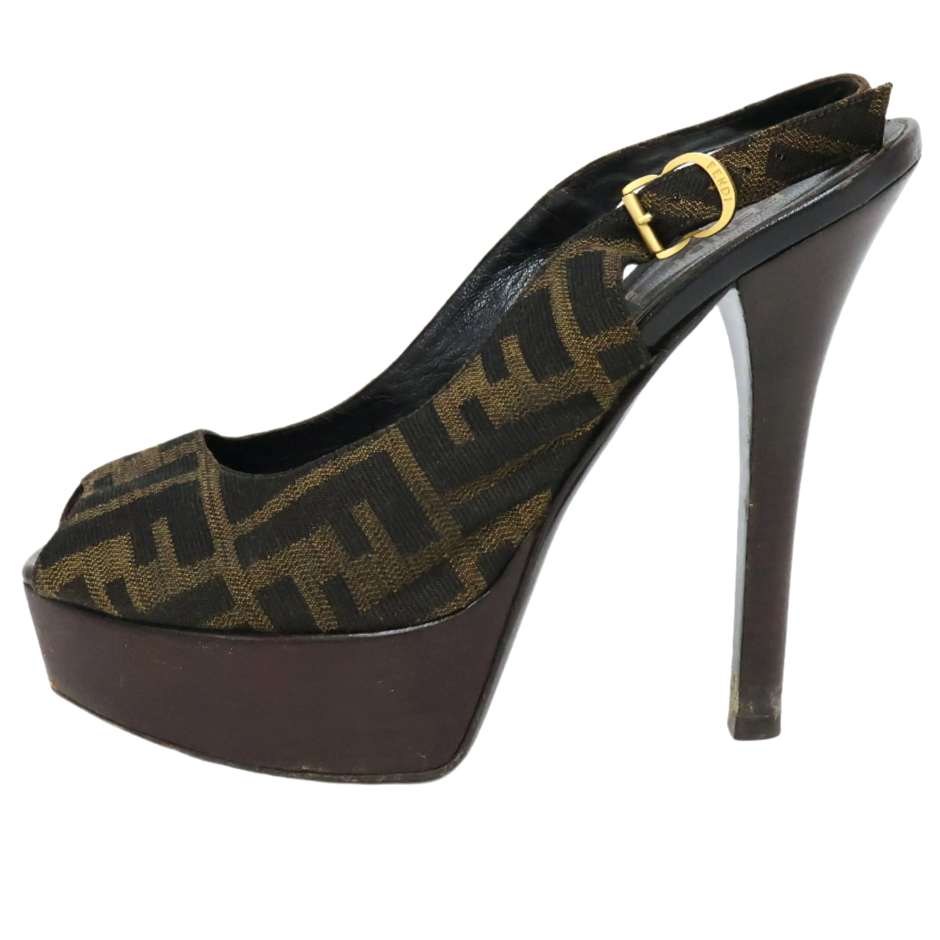 Fendi Peep Toe Slingback Zucca Brown 37