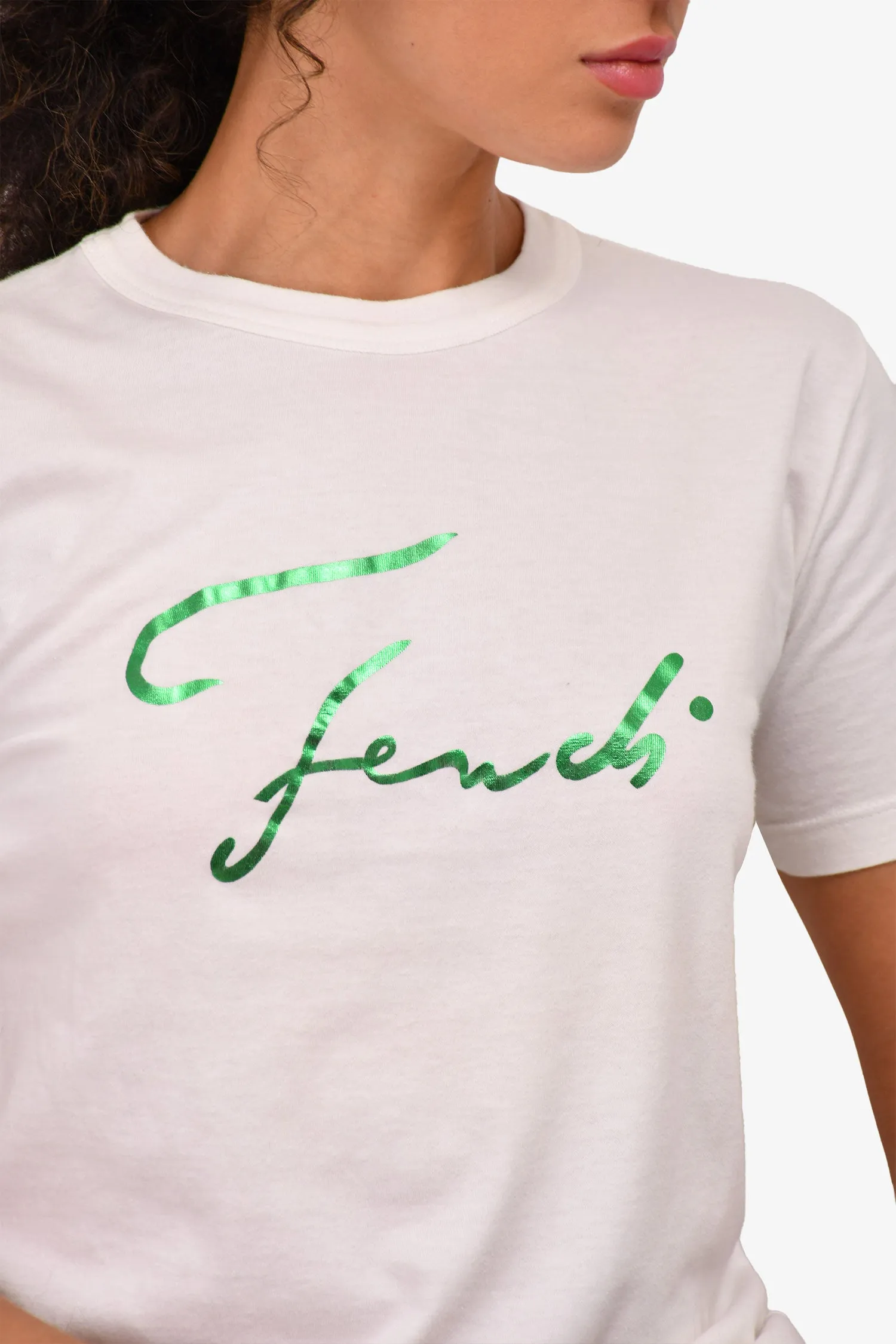 Fendi Vintage White/Green Metallic Logo T-Shirt Size 6 US