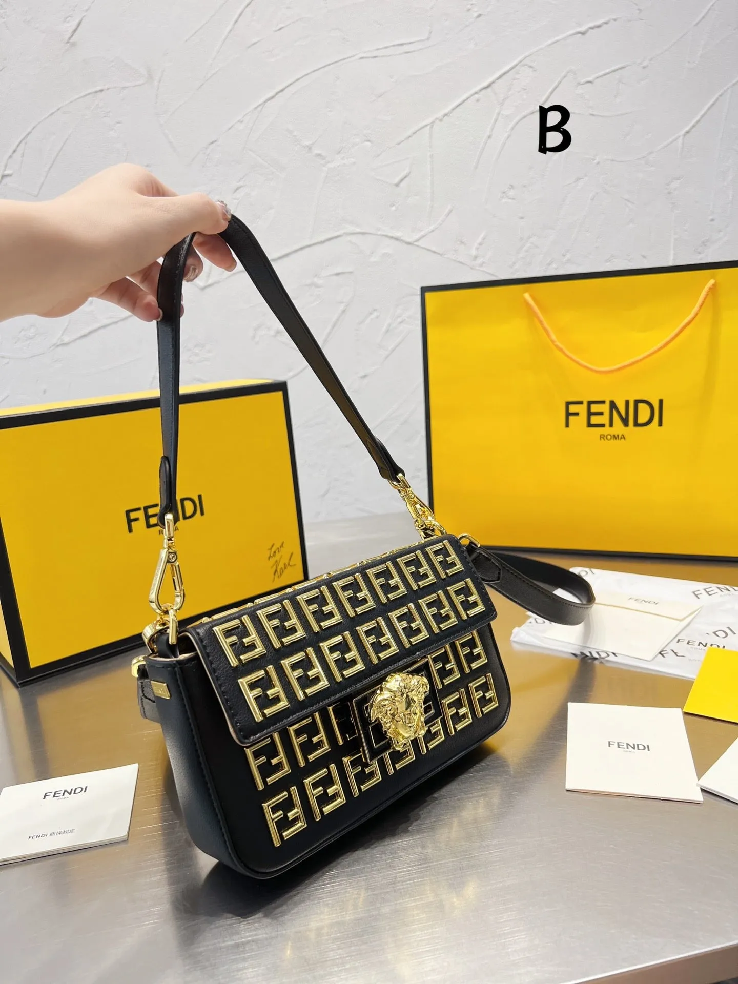 FF140 Fendi x Versace Leather Baguette Bag / 8.7x5.1x1.6inch