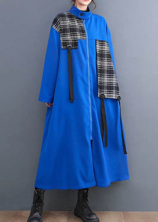 French Blue Peter Pan Collar Plaid Patchwork Zippered Long Trench Coats  AC2073