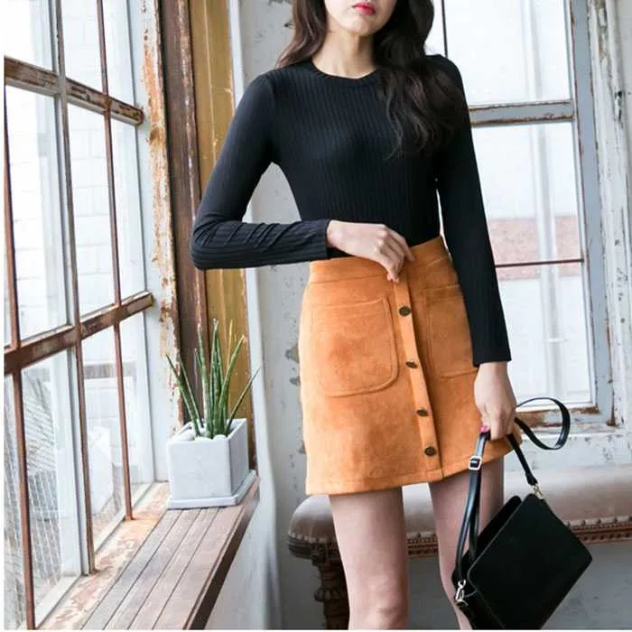 Front Button Up High Waisted Mini Suede Skirt