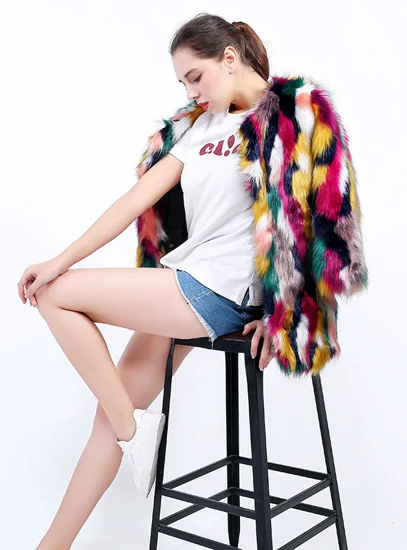 Fur Coats Colorful Faux Fur Coat Multicolor Long Sleeve