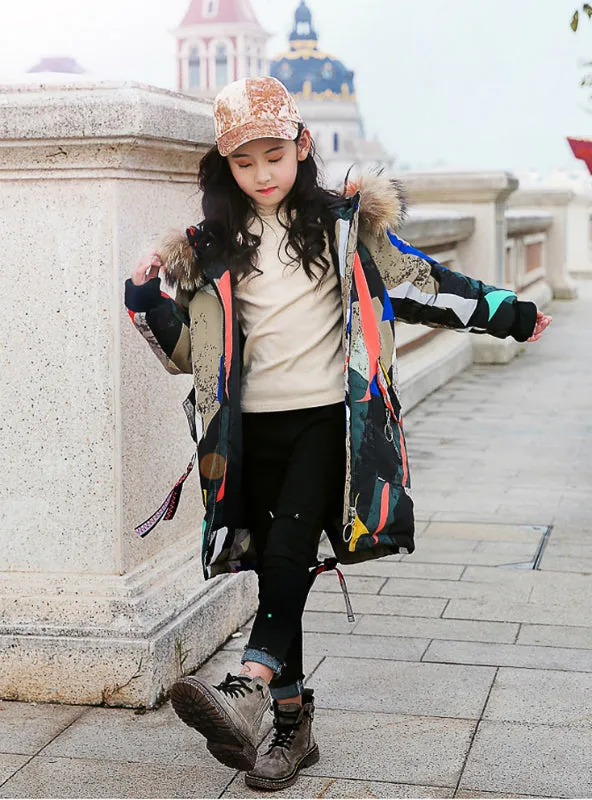 Girl's Down Coat Girls Middle Long Thickened Printing