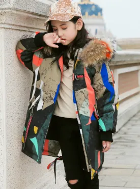 Girl's Down Coat Girls Middle Long Thickened Printing