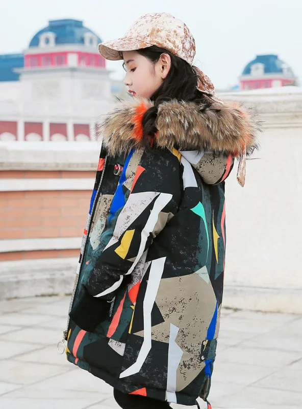 Girl's Down Coat Girls Middle Long Thickened Printing