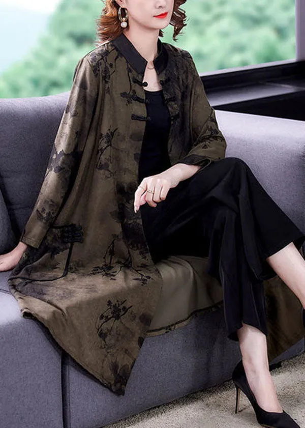 Green Oriental Silk Coat Outwear Stand Collar Print Long Sleeve