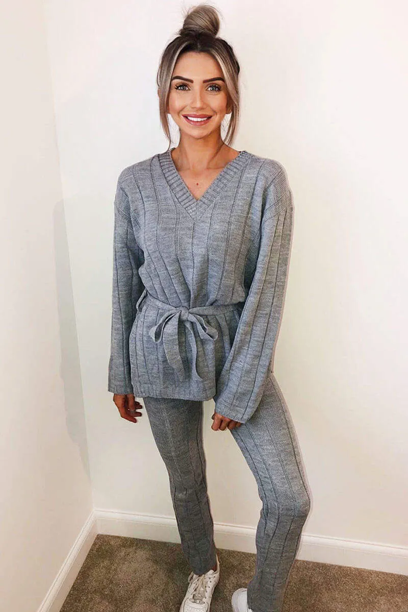 Grey Chunky Knit Tie Waist Lounge Suit