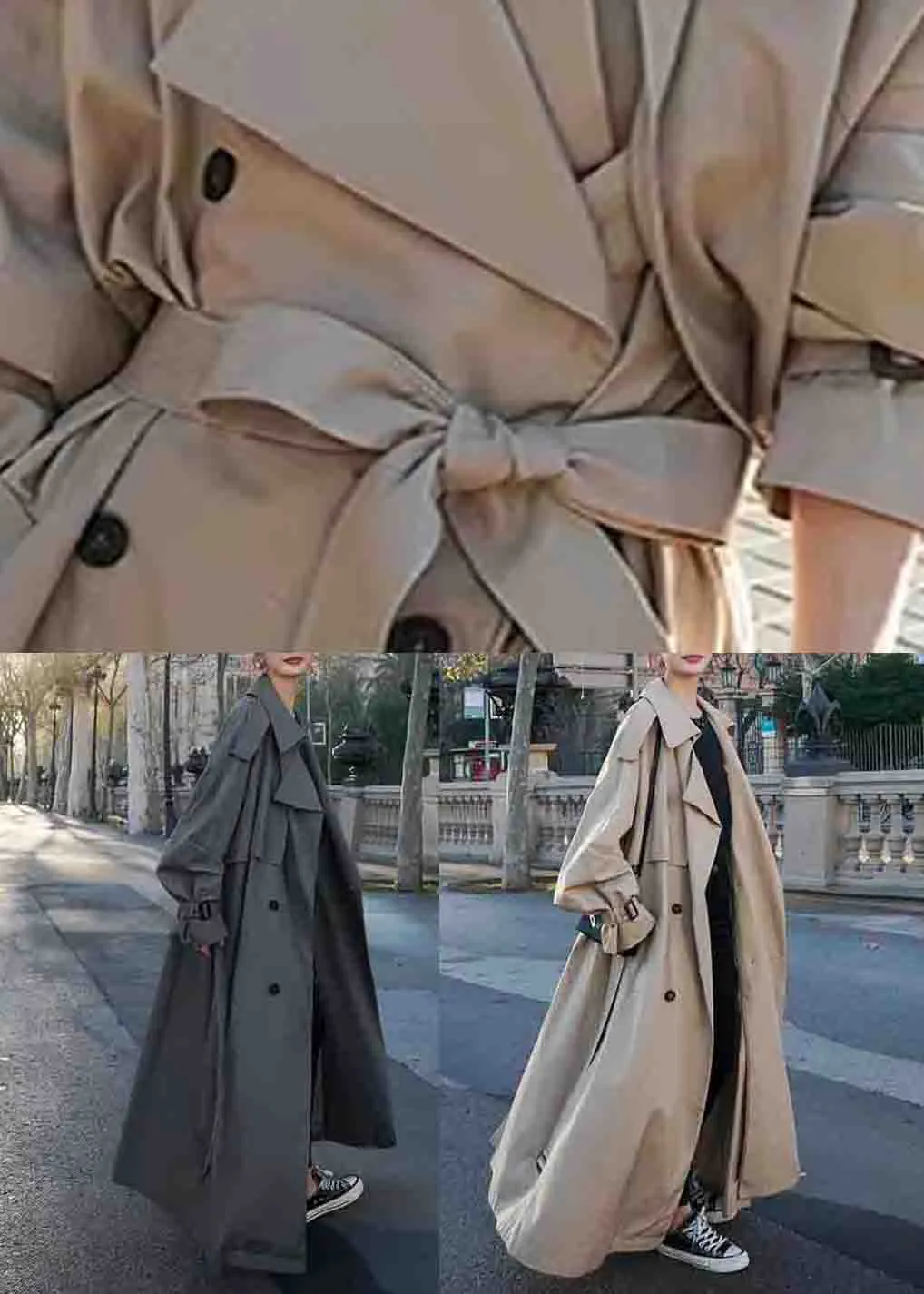 Grey Pockets Side Open Patchwork Cotton Long Trench Coats Peter Pan CollarLong Sleeve LY9123