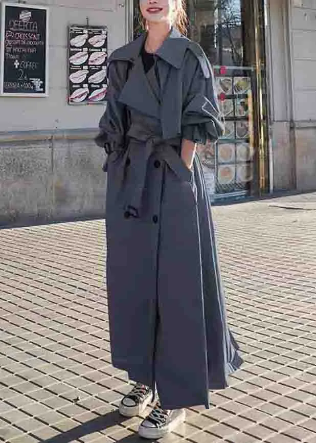 Grey Pockets Side Open Patchwork Cotton Long Trench Coats Peter Pan CollarLong Sleeve LY9123