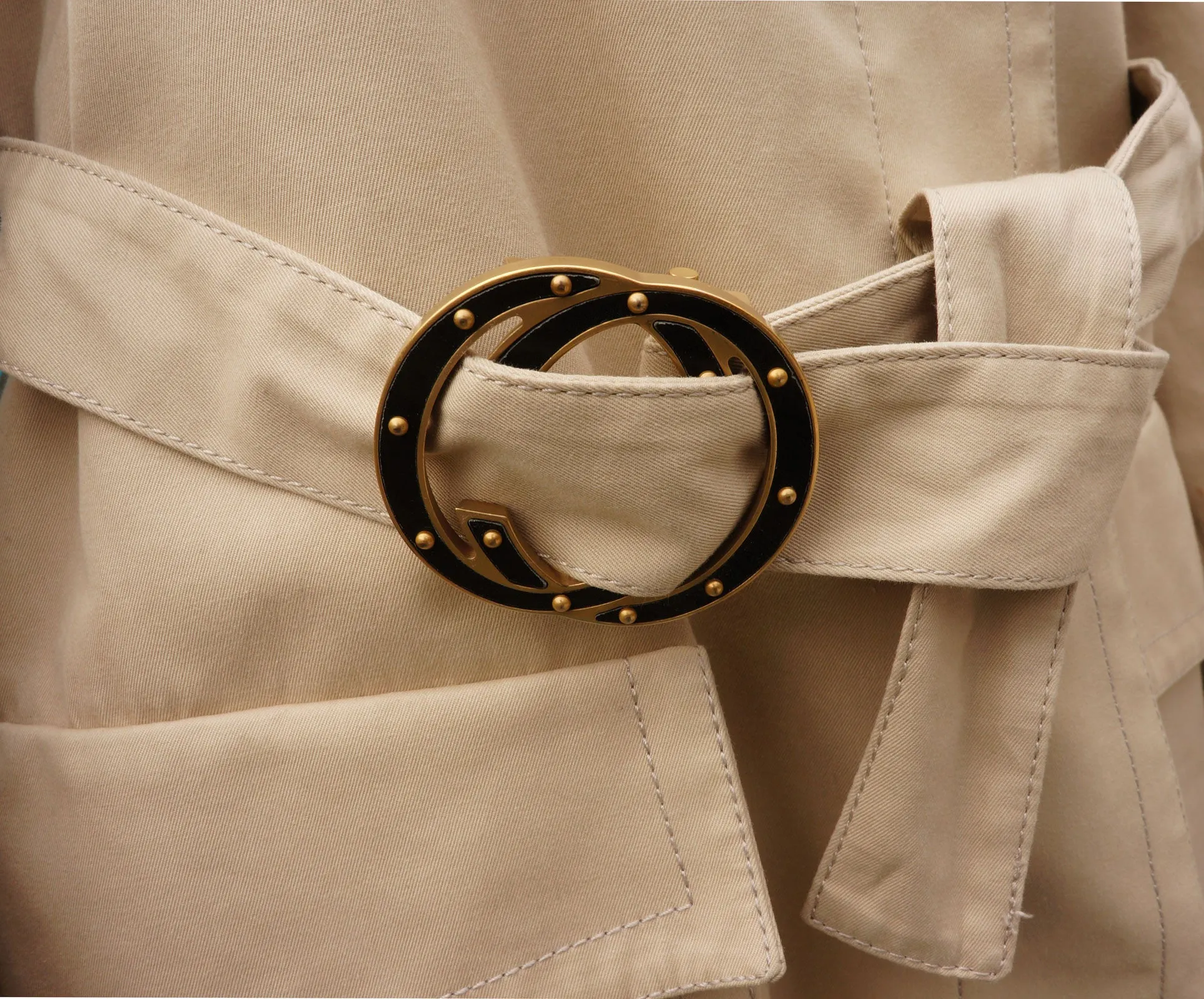 GUCCI TRENCH COAT WITH STUDDED GG LOGO BELT