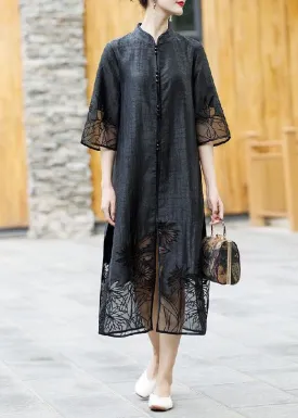 Handmade Black Embroideried Side Open Patchwork Silk Trench Summer LY4454