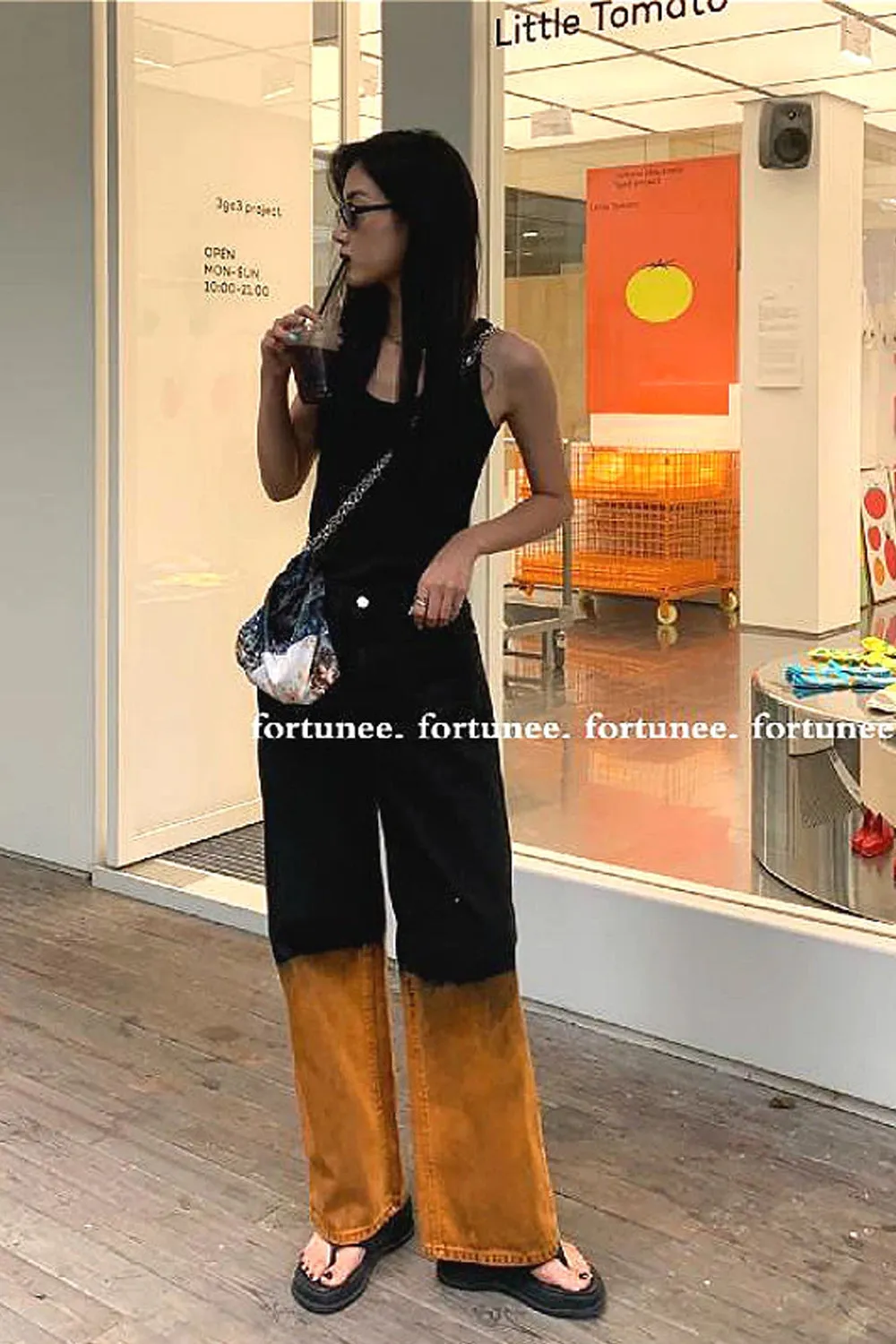 High Waist Gradient Black Loose Long Jeans