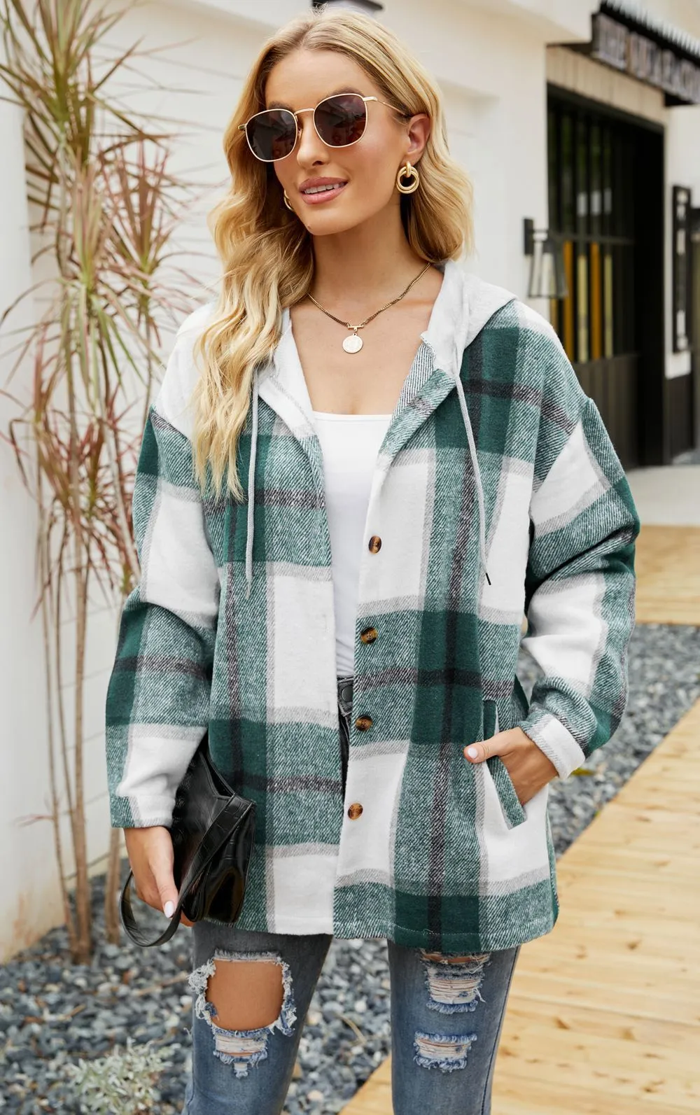 Hooded Casual Loose Shirt Plaid Coat