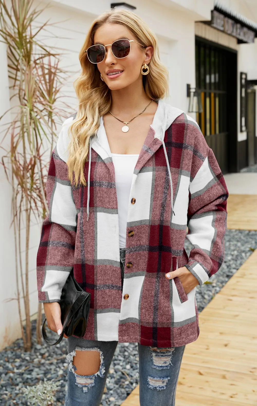 Hooded Casual Loose Shirt Plaid Coat