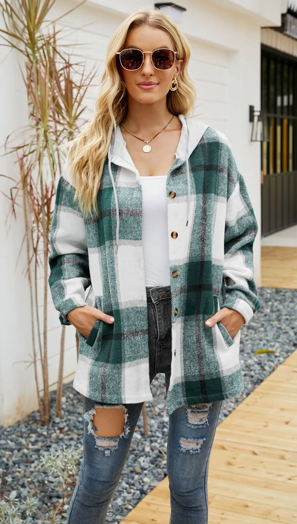 Hooded Casual Loose Shirt Plaid Coat