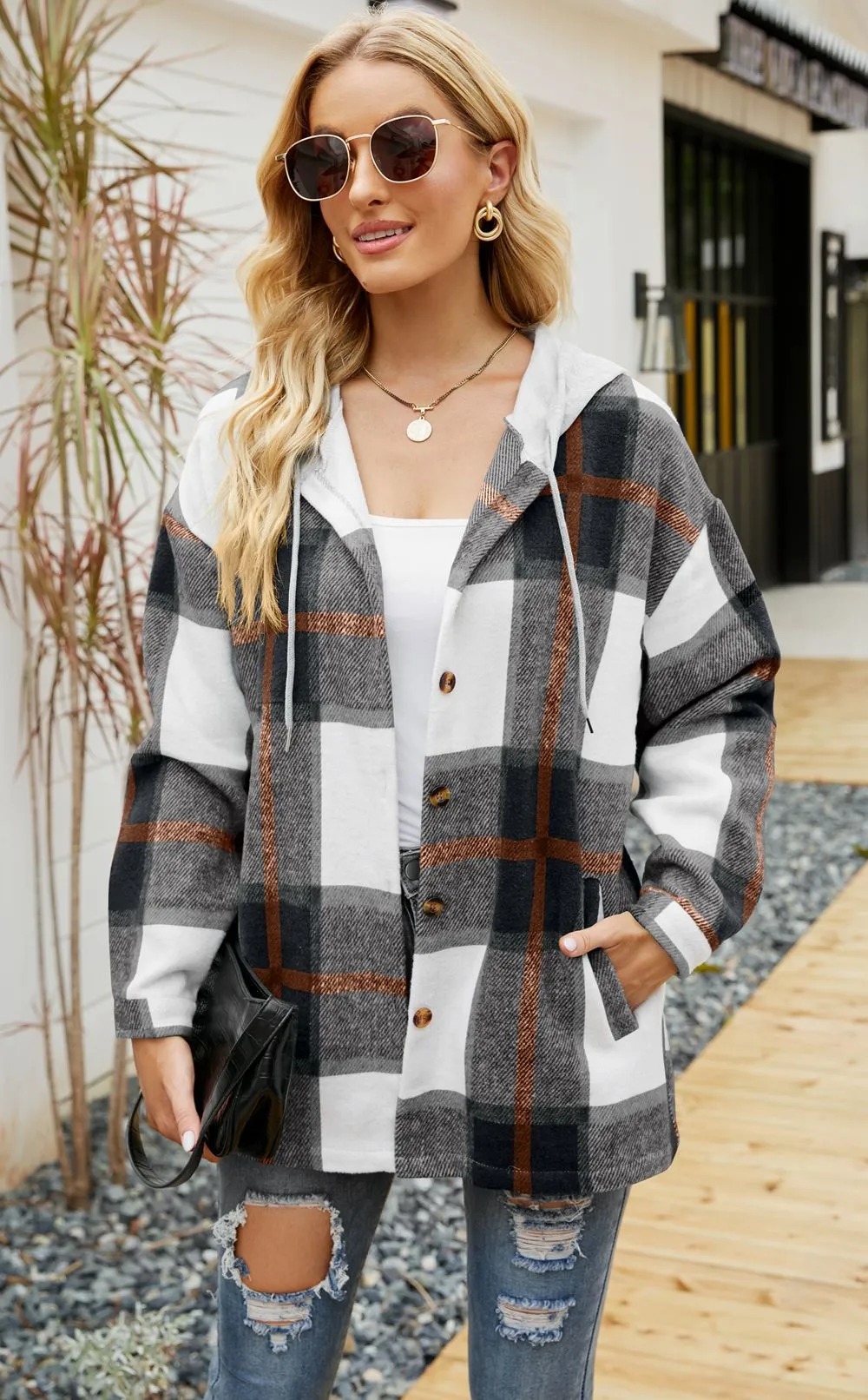 Hooded Casual Loose Shirt Plaid Coat