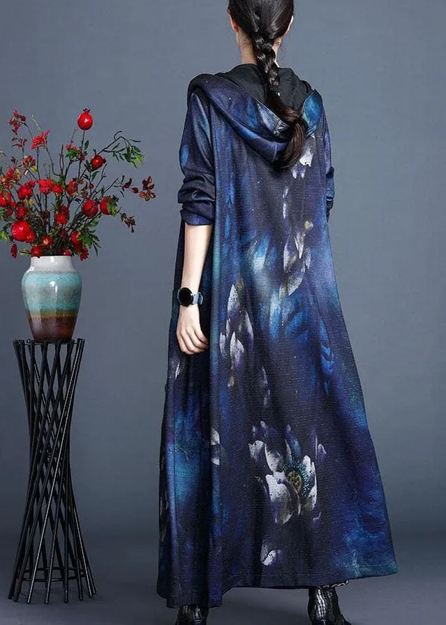 Italian Blue Hooded Print Fall Cardigan Long Sleeve