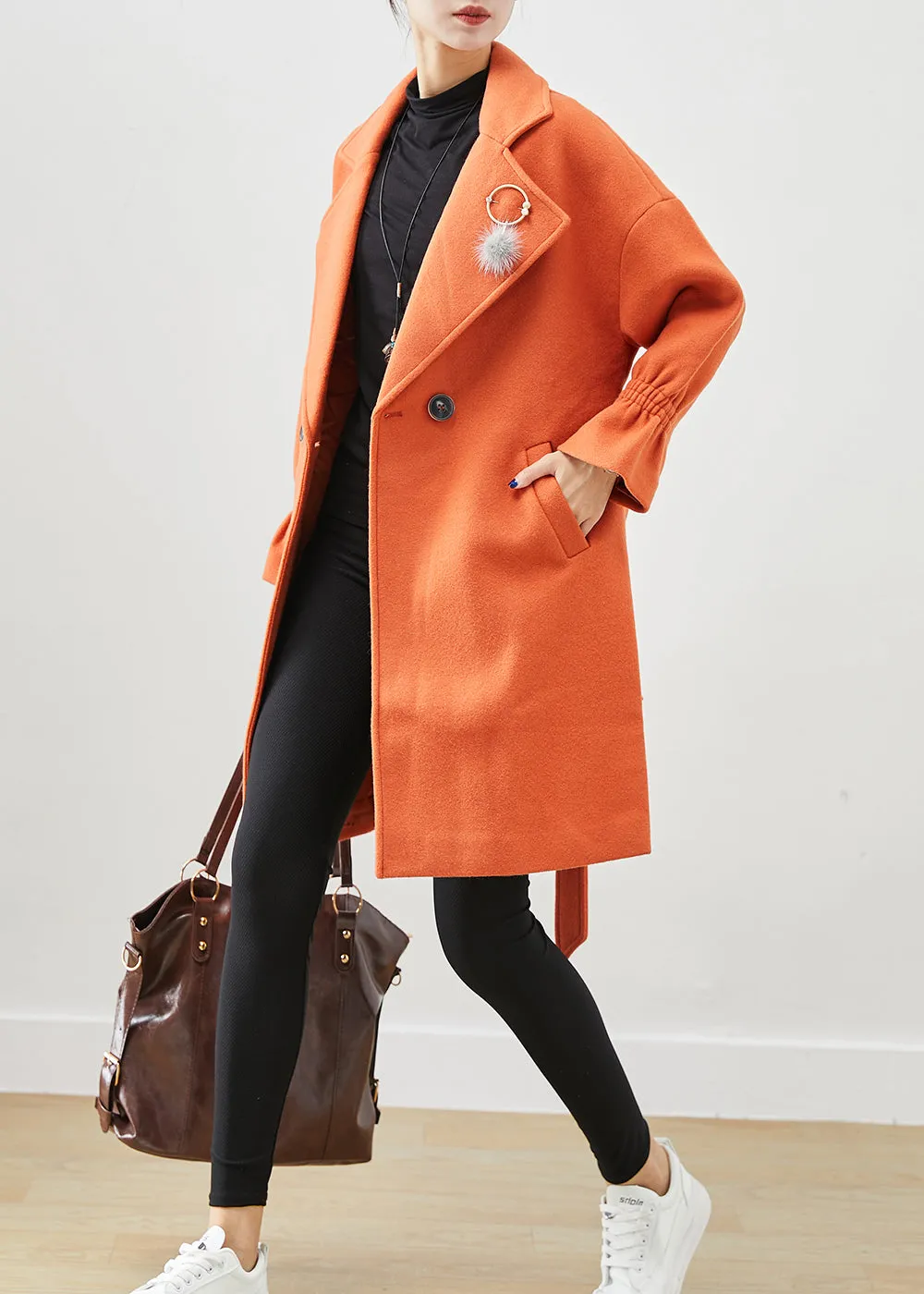 Italian Orange Oversized Give Pendant Woolen Trench Fall ML2445