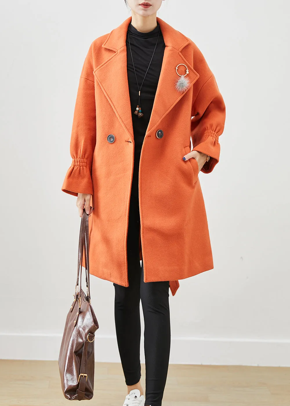 Italian Orange Oversized Give Pendant Woolen Trench Fall ML2445