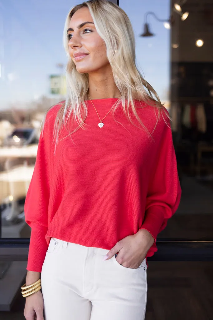 .Kira Ribbed Dolman Sweater, Lucky Red