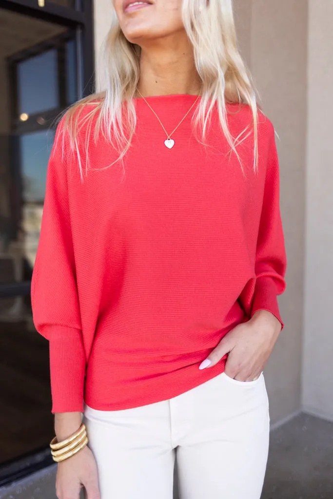 .Kira Ribbed Dolman Sweater, Lucky Red