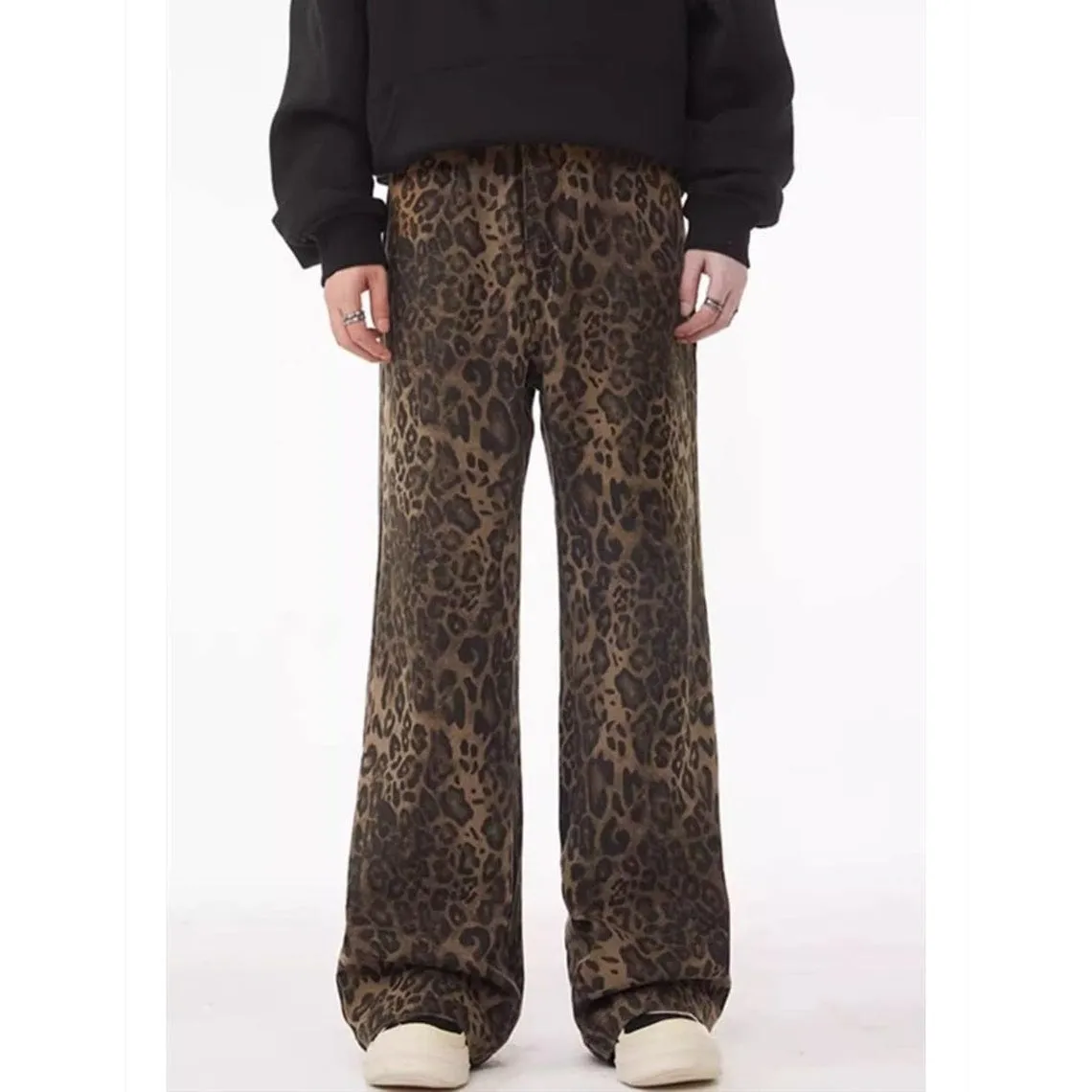 Leopard jeans unisex animal print denim trousers cheetah pants tiger spot pants flared joggers in brown