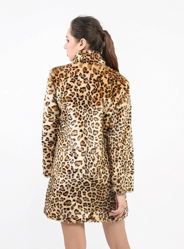 Long Sleeve Lapel Ladies Coat Leopard Print Coat