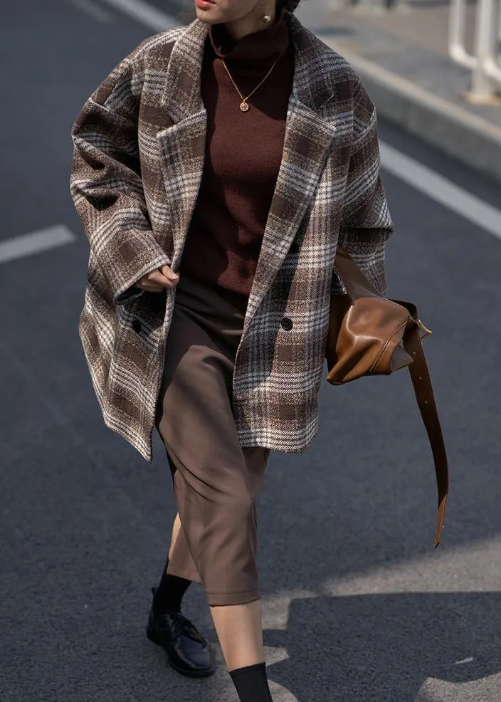 Loose chocolate plaid Fine trench coat Wardrobes Notched double breast wool jackets