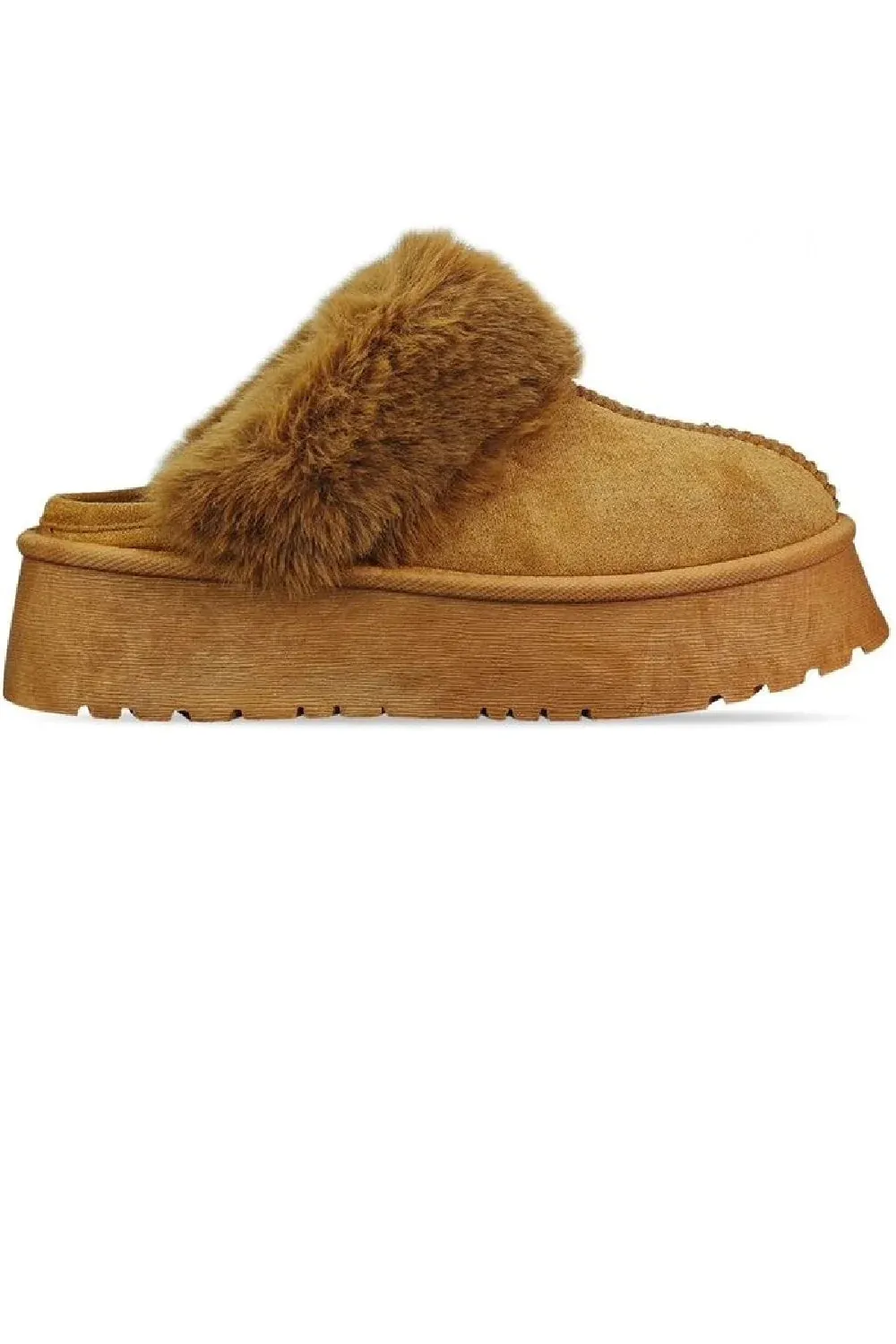 LORNA CAMEL FAUX FUR PLATFORM SLIPPERS