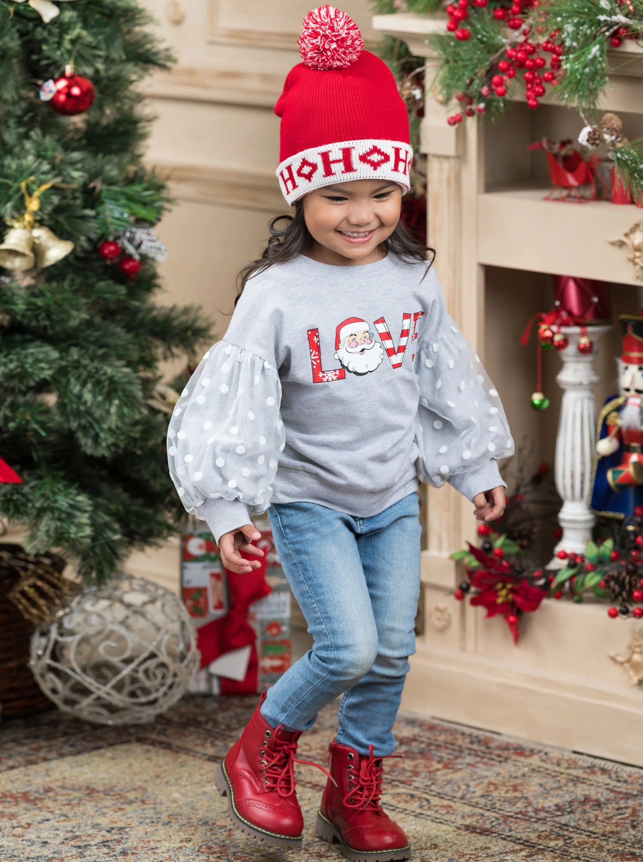 Love Santa Polka Dot Tulle Sleeve Sweatshirt