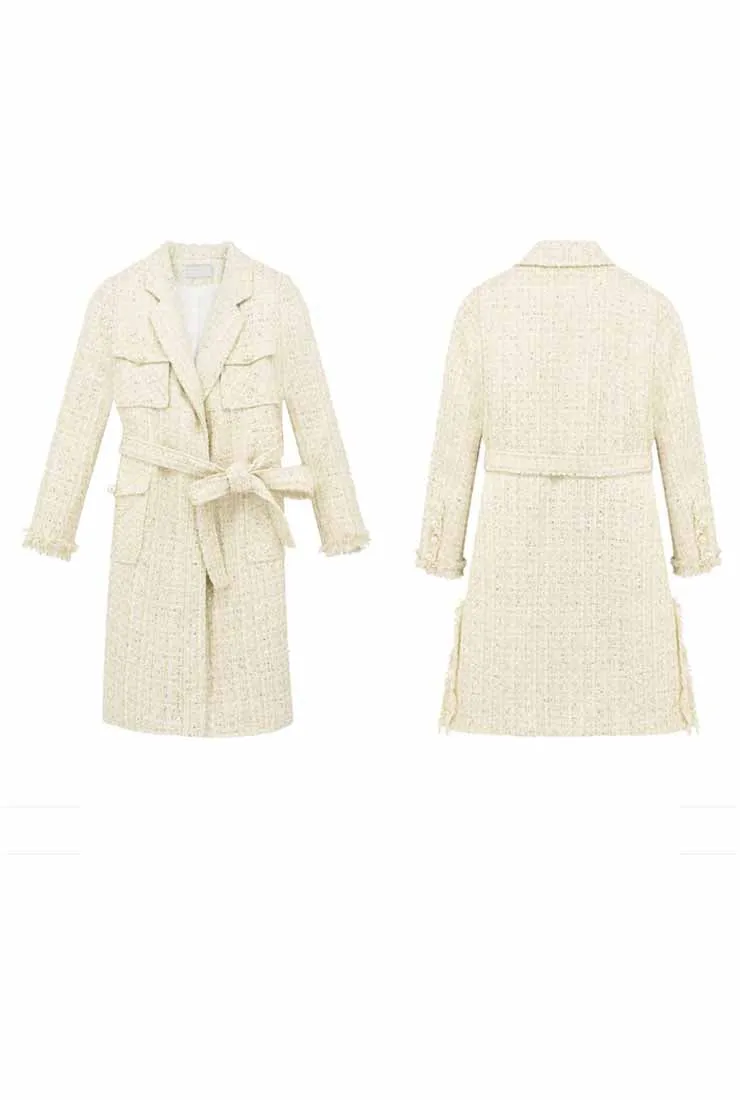 Medium Length Lapel Collar Tweed Coat